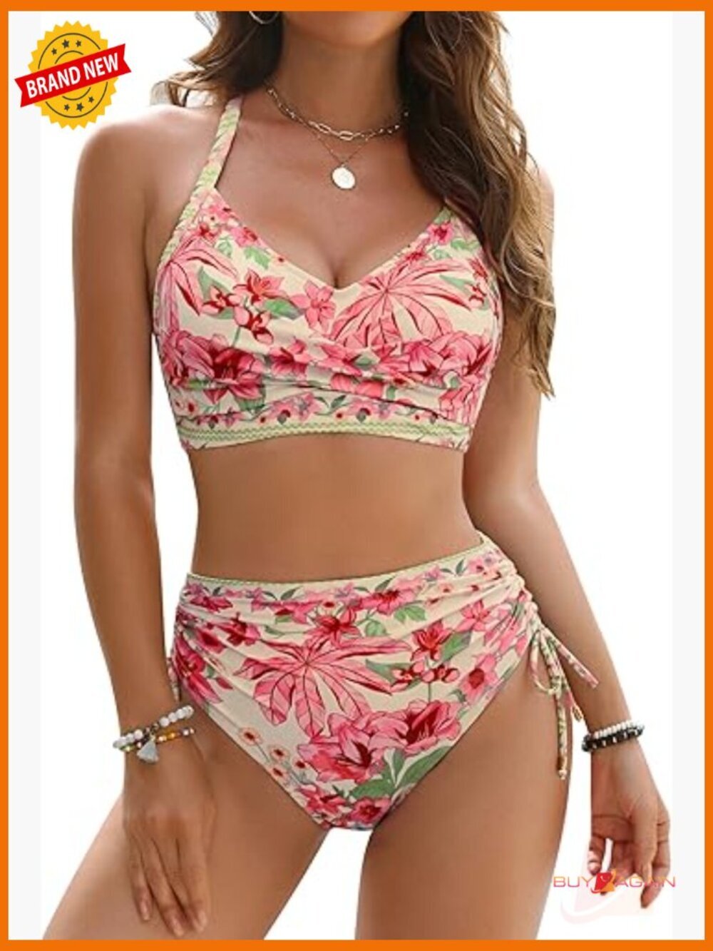 High Waisted Bikini Set Drawstring Tummy Control Crisscross Tie Back Swimsuits